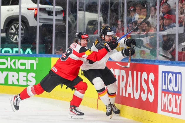 Ice hockey, Eishockey - IIHF WC 2026 ZURICH,SWITZERLAND,23.MAY.26 - ICE HOCKEY - IIHF Ice Hockey World Championship, WM, Weltmeisterschaft 2026, group stage, Austria vs Germany. Image shows Vinzenz Rohrer (AUT) and Leon Gawanke (GER).  GEPAxpictures xMaticxKlansek