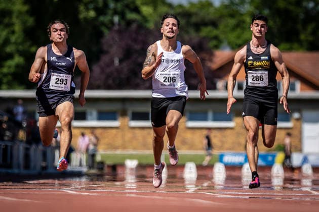WEINHEIM, GERMANY - MAY 23 Fabian Olbert (GER Munich Athletics), Emilio Gonzalez (GER LT DSHS Köln), Daniel Schwab (GER LG Stadtwerke München) during the B&S Kurpfalz Gala am 23.05.2026 at the Sepp-Herberger-Stadium in Weinheim (Baden-Wuerttemberg Germany). Baden-Wuerttemberg Germany Copyright: xAxelxKohringx