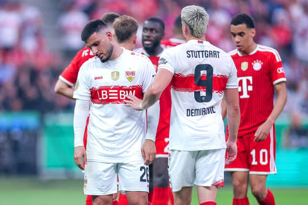 23.05.2026, Fußball, 83. DFB-Pokal Finale,, FC Bayern München - VfB Stuttgart, Olympioastadion Berlin, Saison 2025 2026: Deniz Undav (VfB Stuttgart 26) enttäuscht Enttäuschung neben Ermedin Demirovic (VfB Stuttgart 09) DFB regulations prohibit any use of photographs as image sequences and or quasi-video. Berlin Deutschland