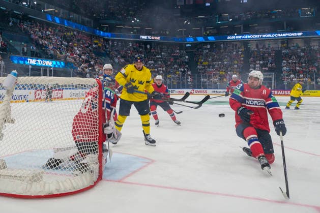 FRIBOURG, SWITZERLAND - MAY 23: Max Krogdahl of Norway R) block a shot in front of goalkeeper Henrik Haukeland of Norway L) during the 2026 IIHF Ice hockey, Eishockey World Championship, WM, Weltmeisterschaft Switzerland game between Norway and Sweden at BCF Arena on May 23, 2026 in Fribourg, Fribourg. Fribourg BCF Arena Fribourg Switzerland Copyright: xJustPictures.ch JarixPestelaccix jp-en-EuSpIm-JP6_JAR_Norway_Sweden_23May2026_00016