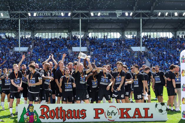 23.05.2026, xhettx, Fussball Landespokal Baden Finale, VfR Mannheim - SV Waldhof Mannheim v.l. Jubel beim Waldhof (DFL DFB REGULATIONS PROHIBIT ANY USE OF PHOTOGRAPHS as IMAGE SEQUENCES and or QUASI-VIDEO)