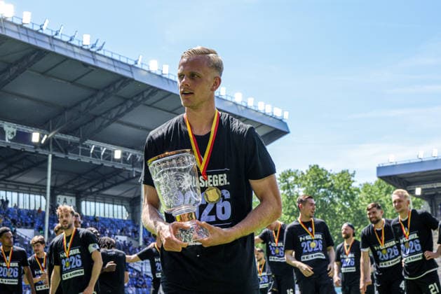23.05.2026, xhettx, Fussball Landespokal Baden Finale, VfR Mannheim - SV Waldhof Mannheim v.l. Jubel beim Waldhof Janne Sietan (SV Waldhof Mannheim, 22) (DFL DFB REGULATIONS PROHIBIT ANY USE OF PHOTOGRAPHS as IMAGE SEQUENCES and or QUASI-VIDEO)