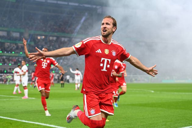 Torjube Harry KANE (Bayern Muenchen) nach Tor zum 1-0, Jubel,Freude,Begeisterung,Aktion. Fussball 83. DFB Pokal Finale 2026 FC Bayern Muenchen - VfB Stuttgart am 23.05.2026, Olympiastadion in Berlin. DFL DFB regulations prohibit any use of photographs as image sequences and or quasi-video