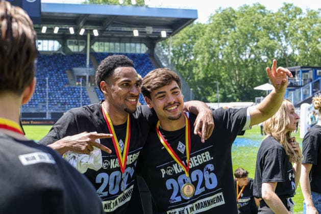 23.05.2026, xhettx, Fussball Landespokal Baden Finale, VfR Mannheim - SV Waldhof Mannheim v.l. Sanoussy Ba (SV Waldhof Mannheim, 25) Fumaca de Mascarenhas da C... (SV Waldhof Mannheim, 38) (DFL DFB REGULATIONS PROHIBIT ANY USE OF PHOTOGRAPHS as IMAGE SEQUENCES and or QUASI-VIDEO)