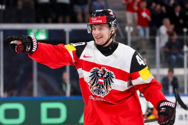 Ice hockey, Eishockey - IIHF WC 2026 ZURICH,SWITZERLAND,23.MAY.26 - ICE HOCKEY - IIHF Ice Hockey World Championship, WM, Weltmeisterschaft 2026, group stage, Austria vs Germany. Image shows the rejoicing of Tim Harnisch (AUT)  GEPAxpictures xMaticxKlansek