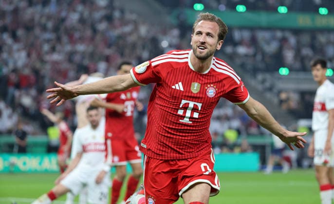 Harry Kane jubelt nach Tor zum 1:0 Freude Emotion Jubel Fußball Fussball Finale DFB Pokal 2026 Saison 2025 2026 23.05.2026 FC Bayern München FCB vs VfB Stuttgart