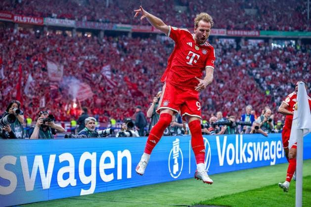 23.05.2026, Fußball, 83. DFB-Pokal Finale,, FC Bayern München - VfB Stuttgart, Olympioastadion Berlin, Saison 2025 2026: Torjubel nach dem Tor zum 1:0 durch Torschütze Harry Kane (FC Bayern Muenchen 09) DFB regulations prohibit any use of photographs as image sequences and or quasi-video. Berlin Deutschland