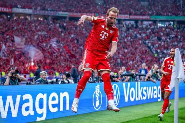 23.05.2026, Fußball, 83. DFB-Pokal Finale,, FC Bayern München - VfB Stuttgart, Olympioastadion Berlin, Saison 2025 2026: Torjubel nach dem Tor zum 1:0 durch Torschütze Harry Kane (FC Bayern Muenchen 09) DFB regulations prohibit any use of photographs as image sequences and or quasi-video. Berlin Deutschland