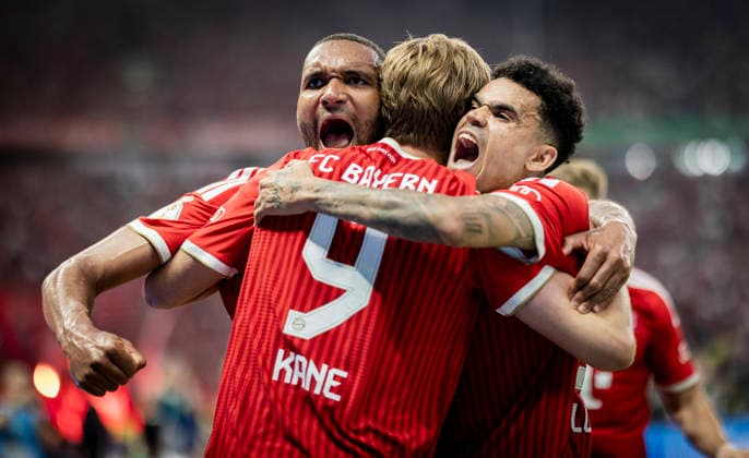 Sport Bilder des Tages Berlin, Germany. 23rd Mai 2026. Goal celebration: Jonathan Tah (FCB) Harry Kane (FCB) Luis Diaz (FCB) Bayern München - VfB Stuttgart 23.05.2026 *** Berlin, Germany 23rd May 2026 Goal celebration Jonathan Tah FCB Harry Kane FCB Luis Diaz FCB Bayern Munich VfB Stuttgart 23 05 2026