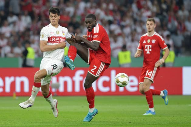 Chema Andres (VfB Stuttgart) und Dayot Upamecano (FC Bayern München) battle for the ball during the DFB Cup Final 2026 match between FC Bayern München and VfB Stuttgart at Olympiastadion on May 23, 2026 in Berlin, Germany. (Photo by Oliver Kaelke DeFodi Images) -