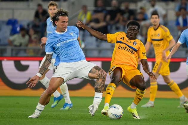 Luca Pellegrini of SS Lazio and Ebenezer Akinsanmiro of Pisa Sporting Club 1909 compete for the ball during the Serie A 2025 2026 football match between SS Lazio and Pisa SC 1909 at Stadio Olimpico in Rome (Italy), May 23, 2026. AndreaxStaccioli