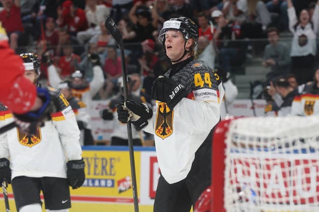 23.05.2026 Swiss Life Arena Zuerich , SCHWEIZ, Herren Eishockey IIHF World Championship, WM, Weltmeisterschaft Zurich 2026 Gruppe A AUT - GER Joshua Samanski (GER) nach seinem Treffer zum 1:2