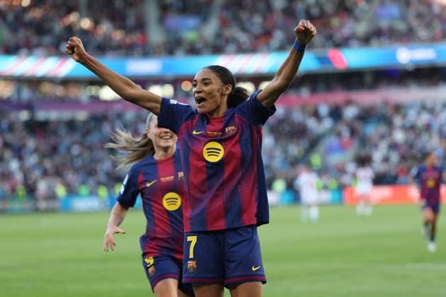 23.05.2026 - SOCCER - 2025-2026 UEFA Women’s Champions League final , FC Barcelona, Barca vs OL Lyonnes Salma Paralluelo (FC Barcelona) celebrates his goal with his teammates OSLO OSLO, Ullevaal Stadion Ullevaal Stadion Norway