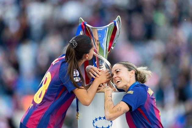 OSLO, NORWAY - MAY 23: Mapi Leon of Barcelona and Kika Nazareth of Barcelona are seen after the UEFA Womens Champions League final match between Barcelona and OL Lyonnes at Ullevaal Stadium on May 23, 2026 in Oslo, Norway. (Photo by Ane Frosaker Sports Press Photo)  Copyright: xAnexFrosakerx xSPPx Sportspressphoto_152814