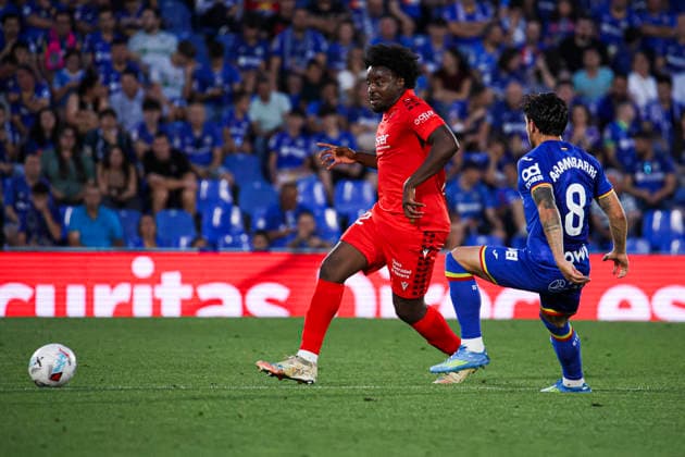 Getafe vs. Osasuna, on the 38th matchday of the 2025 26 Spanish First Division May 23, 2026, Getafe, Madrid, Spain: Boyomo is defended by Arambarri during the Spanish championship LaLiga football match between Getafe and Osasuna on 23 May 2026 at Estadio El Coliseum in Getafe, Madrid, Spain. Madrid Madrid Spain Copyright: xAlejandroxMatiasx