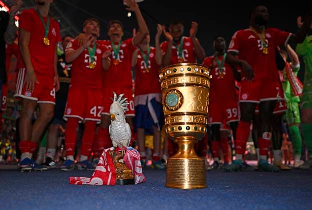 23.05.2026, Fussball DFB-Pokal 2025 2026, Finale, FC Bayern München - VfB Stuttgart, im Olympiastadion Berlin. Die Bayern feiern mit Pokal und Kakadu