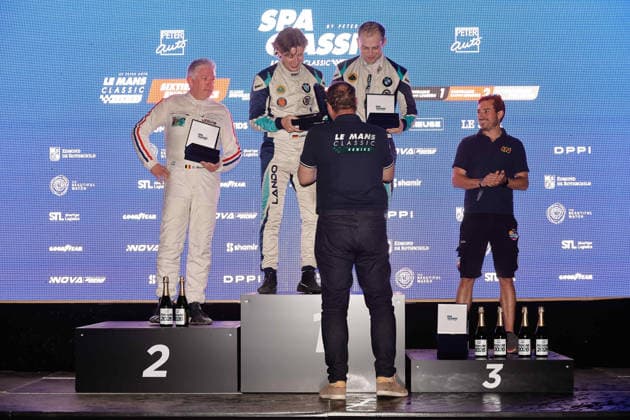 LE MANS CLASSIC SERIES 2026 - SPA-CLASSIC MEURENS Olivier (bel), Lotus Elan 26R 1965, Sixties Endurance, portrait, 55 NUTHALL Will (gbr), Lotus Elan 26R 1964, Sixties Endurance, 53 GRAF VON WEDEL Lando (deu), GRAF VON WEDEL Alexis (deu), Lotus Elan S1 1965, Sixties Endurance, Podium portrait during the 2026 Spa-Classic, 2nd round of the Le Mans Classic Series 2026, from May 22 to 24 in Circuit de Spa-Francorchamps, in Stavelot, Belgium - StavelotBelgium Copyright: xPauloxMariax