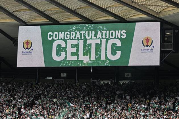 Celtic v Dunfermline Athletic Scottish Gas Men s Scottish Cup General view of a screen after Celtic win the Scottish Gas Men s Scottish Cup during the Scottish Gas Men s Scottish Cup Final between Celtic and Dunfermline Athletic at Barclays Hampden, Glasgow 23 05 2026 UK Newspapers OUT Copyright: xJamiexJohnstonx FIL-23466-0334
