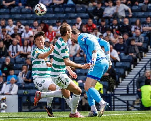 RECORD DATE NOT STATED 23rd May 2026; Hampden Park, Glasgow, Scotland; Scottish Cup Final Football, Celtic versus Dunfermline; Dunfermline Athletic gaolkeeper Aston Oxborough with a headed clearance WMxSportsxMedia