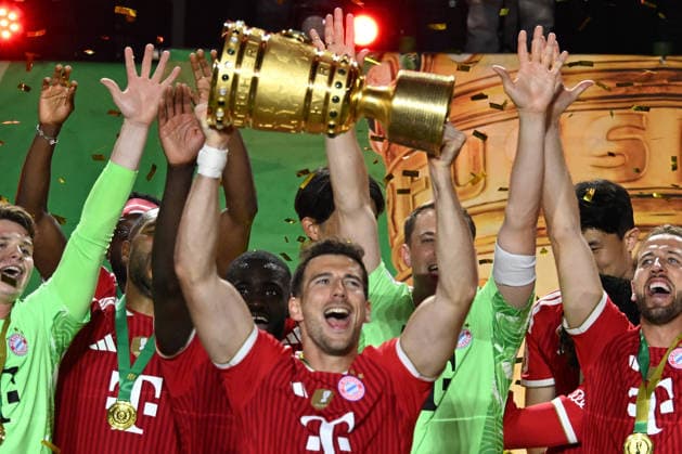 23.05.2026, xsltx, Fussball DFB Pokal Finale, FC Bayern München - VfB Stuttgart v.l. Leon Goretzka (FC Bayern Muenchen) Jubel, Freude über den Pokalsieg (DFL DFB REGULATIONS PROHIBIT ANY USE OF PHOTOGRAPHS as IMAGE SEQUENCES and or QUASI-VIDEO) Berlin