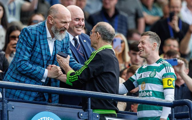 RECORD DATE NOT STATED 23rd May 2026; Hampden Park, Glasgow, Scotland; Scottish Cup Final Football, Celtic versus Dunfermline; Celtic Manager Martin O Neill and Callum McGregor of Celtic receive their winners medals WMxSportsxMedia