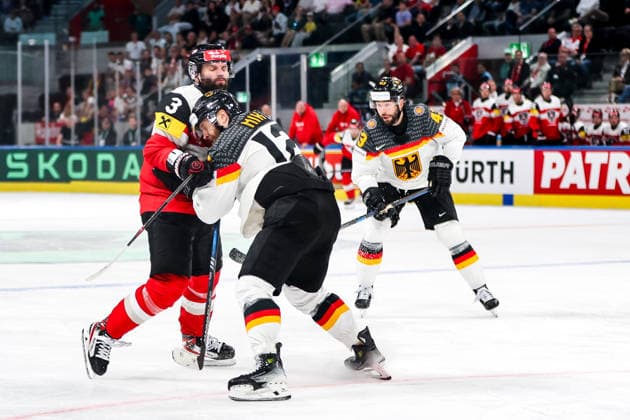 Ice hockey, Eishockey - IIHF WC 2026 ZURICH,SWITZERLAND,23.MAY.26 - ICE HOCKEY - IIHF Ice Hockey World Championship, WM, Weltmeisterschaft 2026, group stage, Austria vs Germany. Image shows Peter Schneider (AUT) and Eric Mik (GER).  GEPAxpictures xMaticxKlansek