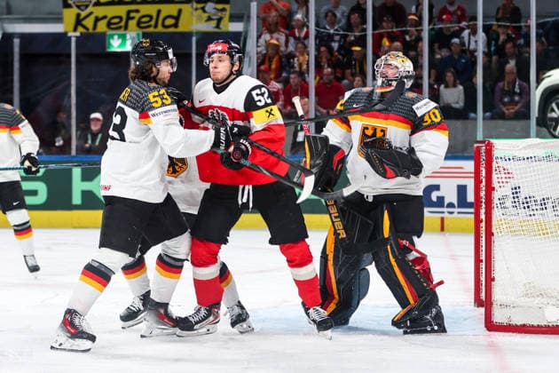 Ice hockey, Eishockey - IIHF WC 2026 ZURICH,SWITZERLAND,23.MAY.26 - ICE HOCKEY - IIHF Ice Hockey World Championship, WM, Weltmeisterschaft 2026, group stage, Austria vs Germany. Image shows Moritz Seider (GER), Paul Huber (AUT) and Philipp Grubauer (GER).  GEPAxpictures xMaticxKlansek