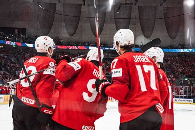 ZURICH, ZURICH - MAY 23: Roman Josi, Damien Riat and Ken Jäger of Switzerland celebrate a goal during the 2026 IIHF World Championship, WM, Weltmeisterschaft Preliminary Round Group A match between Switzerland and Hungary at Swiss Life Arena on May 23, 2026 in Zurich, Zurich, Switzerland.  Copyright: xLivioxBaeriswylx xSPPx Sportspressphoto_152963