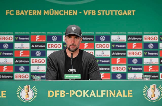 nach Spielende: Pressekonferenz PK Trainer Coach Sebastian Hoeness VfB Stuttgart 83. DFB Pokalfinale FC Bayern Muenchen FCB vs VFB Stuttgart Olympiastadion Berlin 23.05.2026 DFL REGULATIONS PROHIBIT ANY USE OF PHOTOGRAPHS AS IMAGE SEQUENCES AND OR QUASI-VIDEO 83. DFB Pokalfinale FC Bayern Muenchen FCB vs VFB Stuttgart