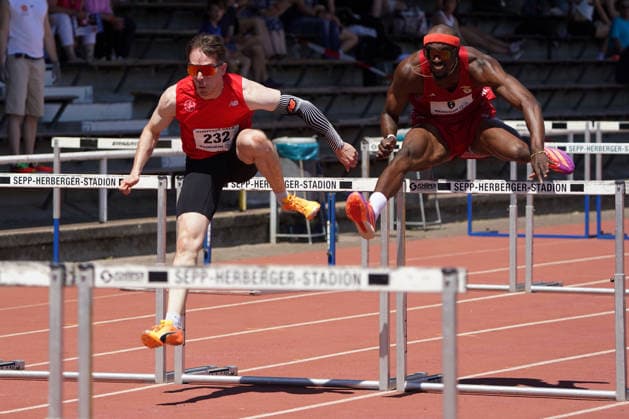 Leichtathletik, athletics, B U S Kurpfalz Gala , 23.05.2026 , Sepp Herberger Stadion Weinheim, 110m Hürden Finale, Stefan Volzer, Roger Iribarne Kuba,