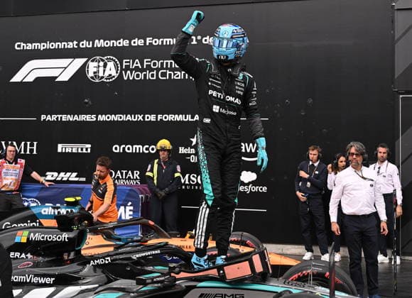 May 23, 2026, Montreal, Qc, CANADA: Mercedes driver George Russell of the United Kingdom celebrates as he takes pole following qualifying at the Formula One auto racing Canadian Grand Prix in Montreal on Saturday, May 23, 2026. Canada News - May 23, 2026  - ZUMAc35_ 20260523_zaf_c35_082 Copyright: xGrahamxHughesx