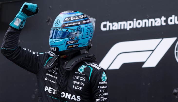 May 23, 2026, Montreal, Qc, CANADA: Mercedes driver George Russell, of the United Kingdom, celebrates after taking pole for qualifying at the Formula One auto racing Canadian Grand Prix in Montreal on Saturday, May 23, 2026. Canada News - May 23, 2026  - ZUMAc35_ 20260523_zaf_c35_080 Copyright: xChristinnexMuschix