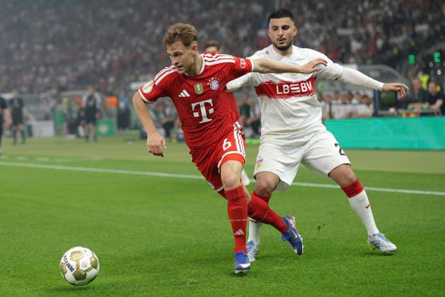 Joshua Kimmich (FC Bayern München) und Deniz Undav (VfB Stuttgart) battle for the ball during the DFB Cup Final 2026 match between FC Bayern München and VfB Stuttgart at Olympiastadion on May 23, 2026 in Berlin, Germany. (Photo by Oliver Kaelke DeFodi Images) -