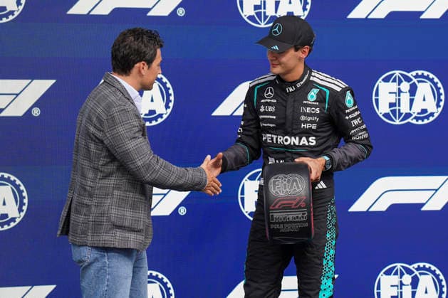 FORMULA ONE CANADIAN GRAND PRIX 2026 George Russell 63 (GBR) Mercedes with Giacomo Gianniotti after taking pole position in qualifying during the Formula 1 Lenovo Canadian Grand Prix 2026, 5th round of the 2026 Formula One World Championship, WM, Weltmeisterschaft from May 22 to 24, 2026 at the Circuit Gilles Villeneuve, Montreal, Canada Credit: Robbie Hoad Every Second Media Editorial use only. All images are copyright Every Second Media Limited. No images may be reproduced without prior permission. Copyright: xIMAGO EveryxSecondxMediax ESM-2005-0339 RobbiexHoadx xEveryxSecondxMediax