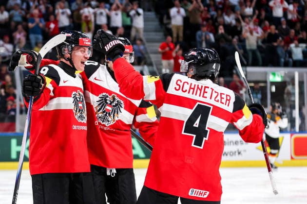 Ice hockey, Eishockey - IIHF WC 2026 ZURICH,SWITZERLAND,23.MAY.26 - ICE HOCKEY - IIHF Ice Hockey World Championship, WM, Weltmeisterschaft 2026, group stage, Austria vs Germany. Image shows the rejoicing of Leon Wallner, Tim Harnisch and Ramon Schnetzer (AUT).  GEPAxpictures xMaticxKlansek