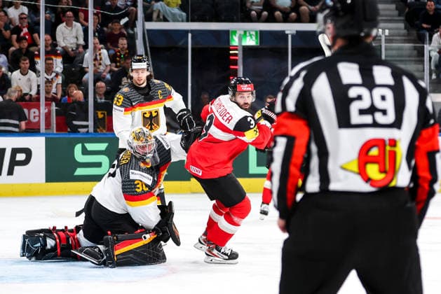 Ice hockey, Eishockey - IIHF WC 2026 ZURICH,SWITZERLAND,23.MAY.26 - ICE HOCKEY - IIHF Ice Hockey World Championship, WM, Weltmeisterschaft 2026, group stage, Austria vs Germany. Image shows Philipp Grubauer (GER) and Peter Schneider (AUT).  GEPAxpictures xMaticxKlansek