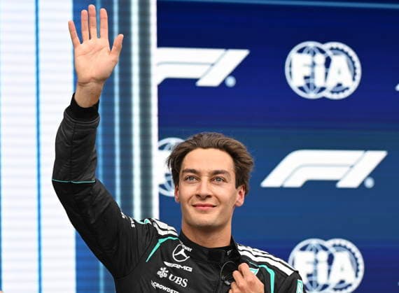 May 23, 2026, Montreal, Qc, CANADA: Mercedes driver George Russell, of the United Kingdom, waves as he takes pole following qualifying at the Formula One auto racing Canadian Grand Prix in Montreal on Saturday, May 23, 2026. Canada News - May 23, 2026  - ZUMAc35_ 20260523_zaf_c35_090 Copyright: xGrahamxHughesx