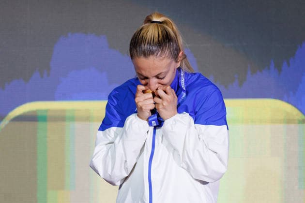 Siegerehrung Frauen Kumite -55; Madina Sadigova (AZE); Siegerin, Erstplatzierte, Goldmedaille, 23.05.2026, Frankfurt am Main (Deutschland), 61. Karate-Europameisterschaften 2026 Frankfurt Main
