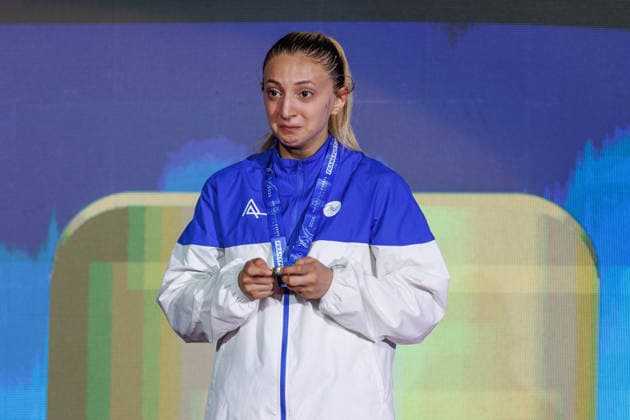 Siegerehrung Frauen Kumite -55; Madina Sadigova (AZE); Siegerin, Erstplatzierte, Goldmedaille, 23.05.2026, Frankfurt am Main (Deutschland), 61. Karate-Europameisterschaften 2026 Frankfurt Main
