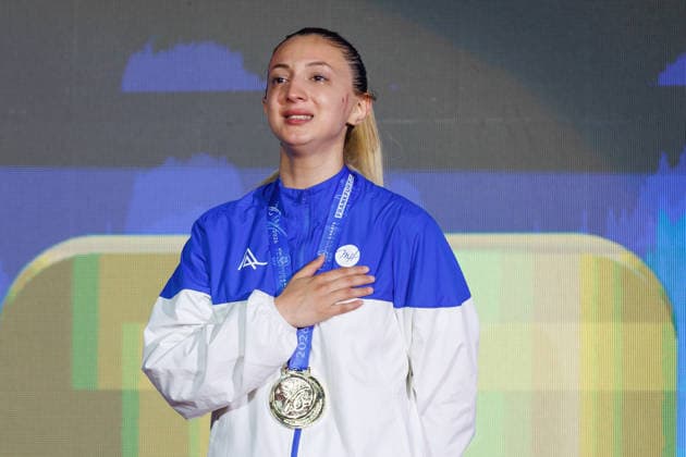 Siegerehrung Frauen Kumite -55; Madina Sadigova (AZE); Siegerin, Erstplatzierte, Goldmedaille, 23.05.2026, Frankfurt am Main (Deutschland), 61. Karate-Europameisterschaften 2026 Frankfurt Main