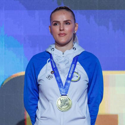Siegerehrung Frauen Kumite -55; Nejra Sipovic (BIH); Drittplatzierte, Bronzemedaille, 23.05.2026, Frankfurt am Main (Deutschland), 61. Karate-Europameisterschaften 2026 Frankfurt Main