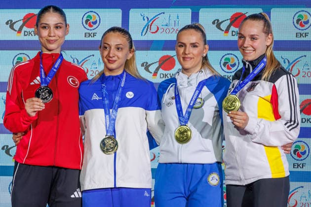 Siegerehrung Frauen Kumite -55; von links: Zumra Rezzan Im (TUR), Madina Sadigova (AZE), Nejra Sipovic (BIH), Mia Bitsch (GER), 23.05.2026, Frankfurt am Main (Deutschland), 61. Karate-Europameisterschaften 2026 Frankfurt Main