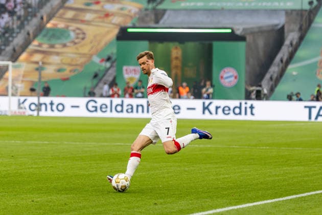 GER, DFB-Pokalfinale, Training und Pressekonferenz, FC Bayern München - VfB Stuttgart. 23.05.2026, Olympiastadion, Olympiastadion, GER, DFB-Pokalfinale, Training und Pressekonferenz, FC Bayern München - VfB Stuttgart. Maximilian Mittelstädt Maximilian Mittelstaedt (VfB Stuttgart 7) Einzelaktion Aktion Â