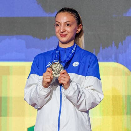 Siegerehrung Frauen Kumite -55; Madina Sadigova (AZE); Siegerin, Erstplatzierte, Goldmedaille, 23.05.2026, Frankfurt am Main (Deutschland), 61. Karate-Europameisterschaften 2026 Frankfurt Main