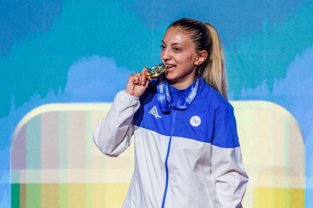 Siegerehrung Frauen Kumite -55; Madina Sadigova (AZE); Siegerin, Erstplatzierte, Goldmedaille, 23.05.2026, Frankfurt am Main (Deutschland), 61. Karate-Europameisterschaften 2026 Frankfurt Main