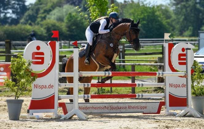 Pfingstturnier beim Reiterverein Voerde ** NUR FÜR REDAKTIONELLE ZWECKE ** EDITORIAL USE ONLY **<p>Ann-Kathrin Kleinherbers vom RFV Dinslaken-Hiesfeld auf Flying Banana (086) bei 23. Stilspringprüfung Kl. L 110 cm beim Pfingstturnier beim Reiterverein Voerde, am Samstag, 23.05.2026 in Voerde. Deutschland NRW Voerde Copyright: MarkusxJoosten