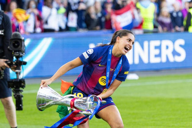 OSLO, NORWAY - MAY 23: Kika Nazareth of Barcelona celebrate after winning the UEFA Womens Champions League final match between Barcelona and OL Lyonnes at Ullevaal Stadium on May 23, 2026 in Oslo, Norway. (Photo by Ane Frosaker Sports Press Photo)  Copyright: xAnexFrosakerx xSPPx Sportspressphoto_153093