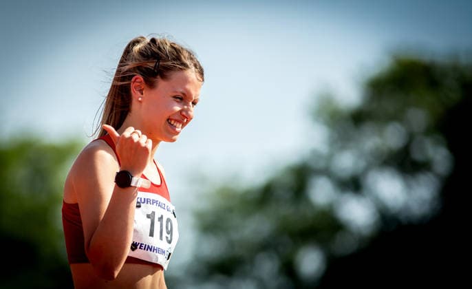B&S Kurpfalz Gala; Weinheim, 23.05.2026 Freude bei Maryna Kovtunova (GER TS Herzogenaurach) im Hochsprung der Frauen; B&S Kurpfalz Gala am 23.05.2026 im Sepp-Herberger-Stadion in Weinheim (Baden-Württemberg). Copyright: xBEAUTIFULxSPORTS R.xSchmittx