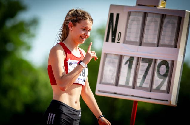 B&S Kurpfalz Gala; Weinheim, 23.05.2026 Freude bei Maryna Kovtunova (GER TS Herzogenaurach) im Hochsprung der Frauen; B&S Kurpfalz Gala am 23.05.2026 im Sepp-Herberger-Stadion in Weinheim (Baden-Württemberg). Copyright: xBEAUTIFULxSPORTS R.xSchmittx