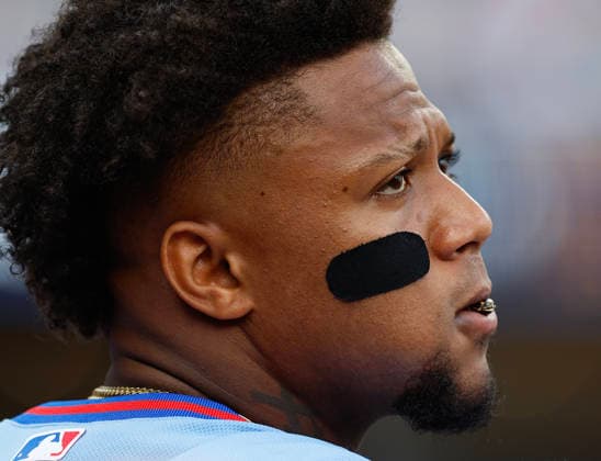 Right fielder Ronald Acuna, Jr. 13 of the Atlanta Braves watches the game against the Washington Nationals at Truist Park on Saturday, May 23, 2026 in Atlanta, Georgia.  ATL20260523118 MikexZarrilli